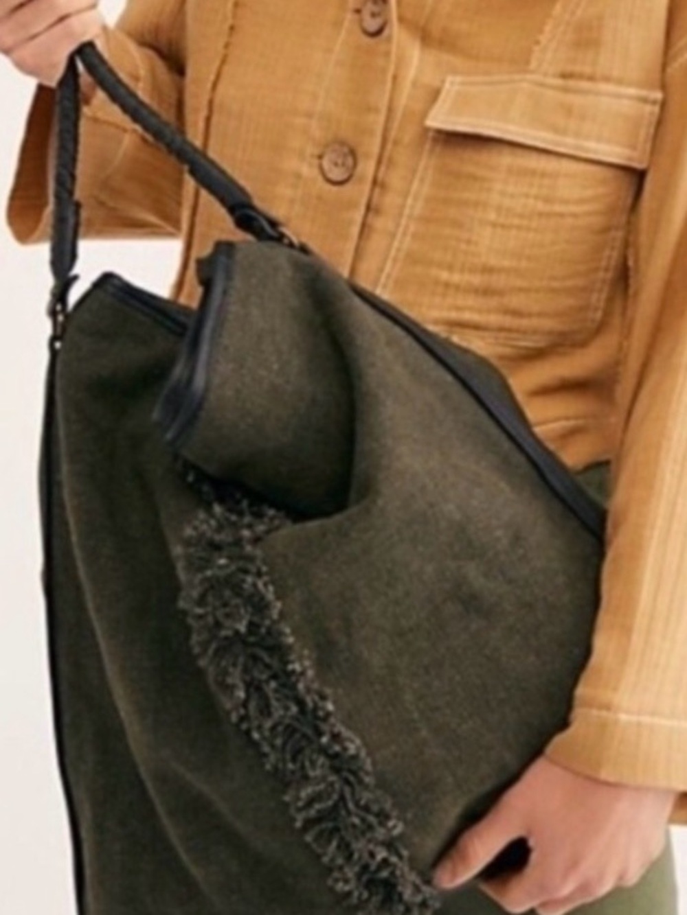 Free People Wilhelmina Bucket Bag Purse-grey canvas-black leather trim-Boho